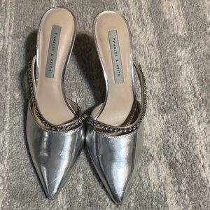 Charles & Keith Silver Embellished Mules